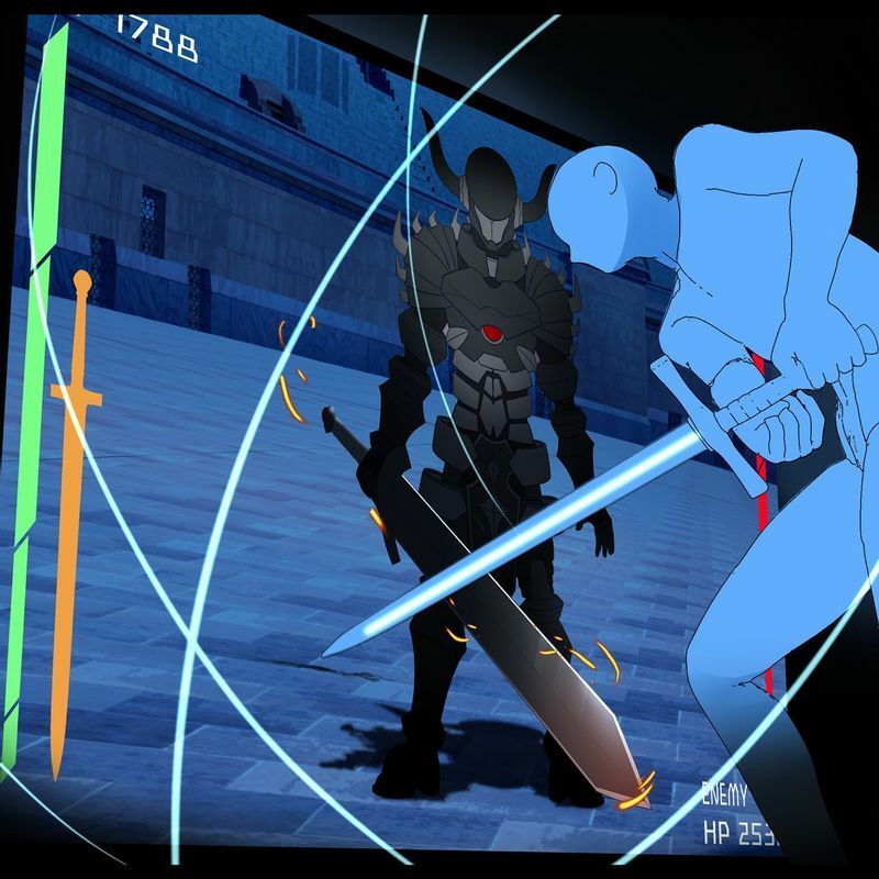 剣を手にしたプレーヤーがモンスター（黒騎士）と戦えるアトラクションのイメージ（匠工芸提供）