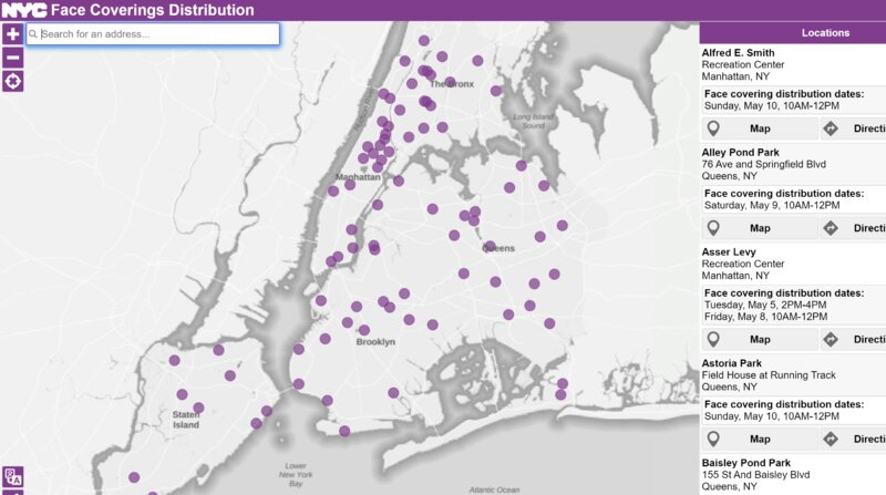 配布する場所と日時を知らせるニューヨーク市のサイト、https://maps.nyc.gov/face-coverings