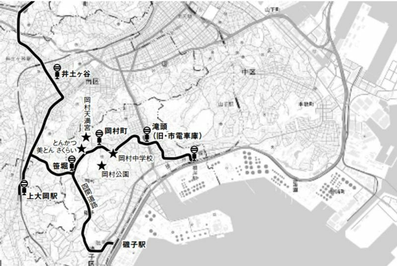 磯子区岡村町を経由するバス路線の地図（国土地理院地図を加工）