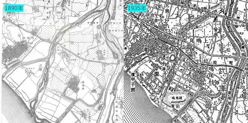 河川改修前と後を地図で比較。三角州の北端あたりが現在の甲子園駅