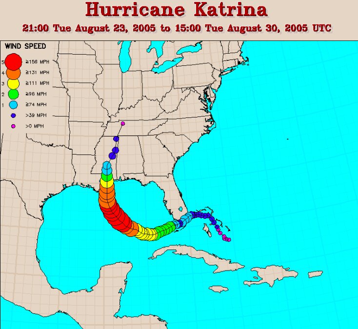 カトリーナの経路図。NOAA