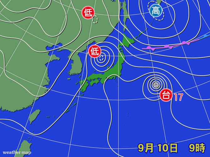 台風１８号から変わった低気圧と、台風１７号。ウェザーマップ