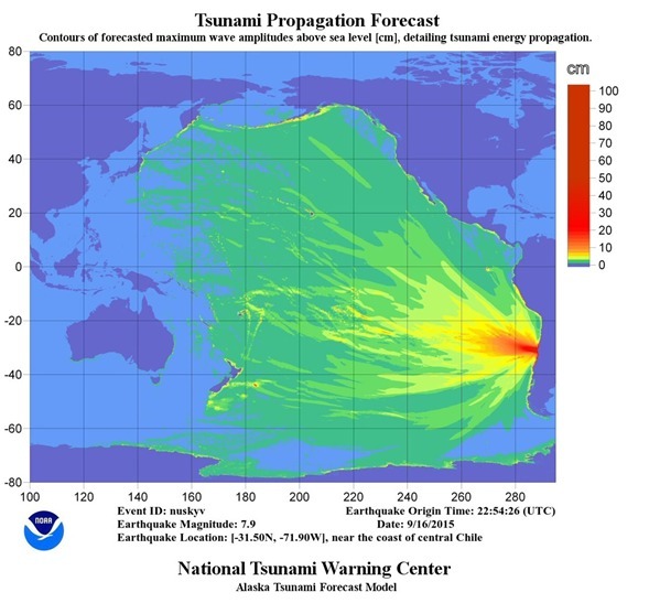 日本時間今朝発表された津波の予測（NOAA）