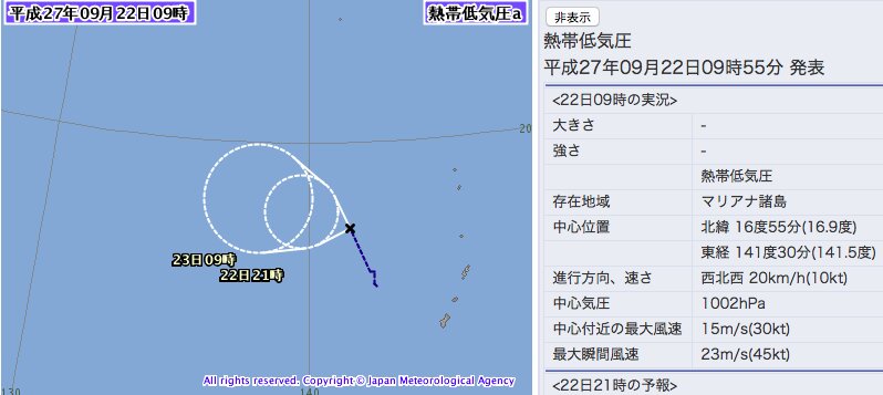 ２２日（火曜）０９時発表の台風進路図。気象庁