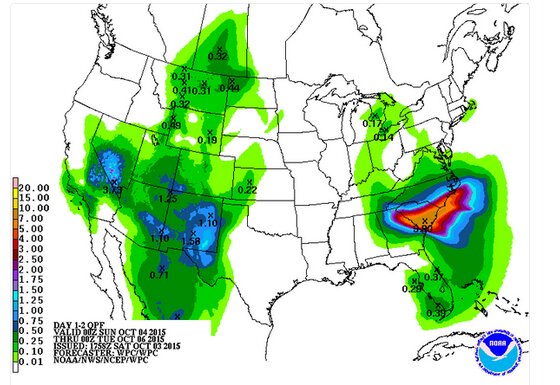 NOAAによる週前半の降水予想。サウスカロライナ州に大雨の予想が出ている。