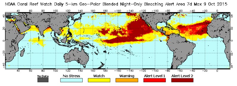赤いほど、サンゴ礁が危機状態であることを表している。NOAA