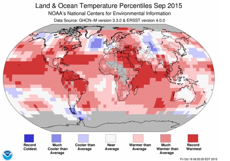 先月は観測史上最も暑い9月だった。クレジット：NOAA
