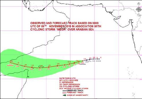 インド気象庁が6日に発表した、サイクロンメグの予想進路図