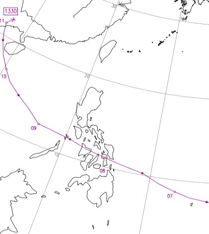 2013年台風30号の経路図。気象庁