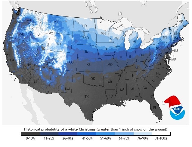 白〜水色ほど、例年ホワイトクリスマスになる確率が高い。NOAA