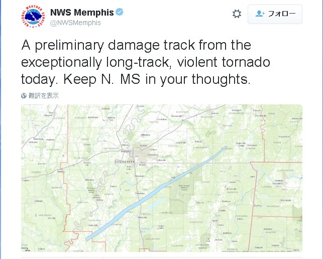 竜巻の経路図。NWS Mississippi