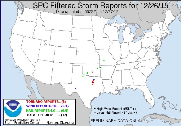 赤点が竜巻が報告された場所。Storm Prediction Center