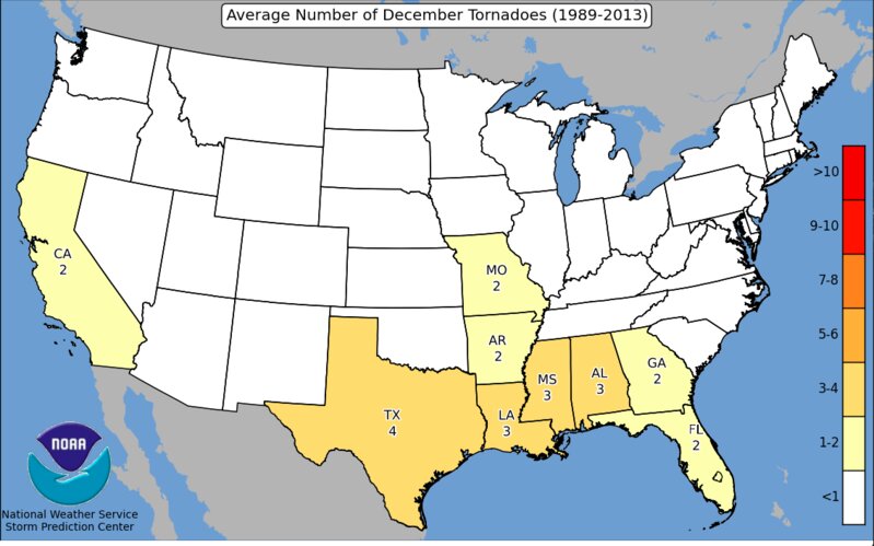 12月の竜巻の平均発生数。NOAA