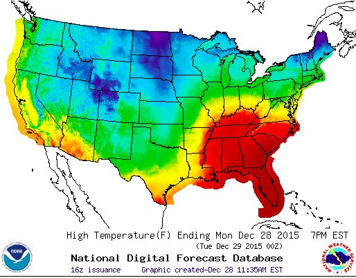 アメリカで寒暖差が激しいのがわかる。NOAA