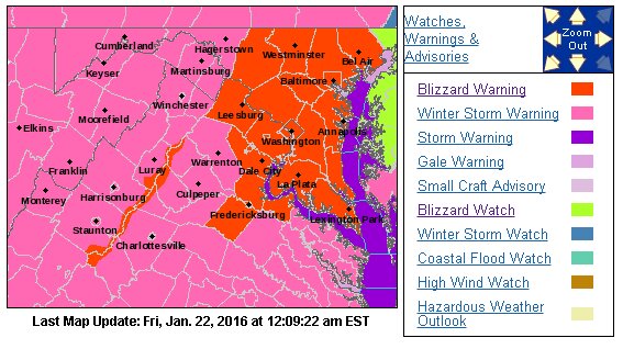 オレンジ：暴風雪警報。ピンク：ウィンターストーム警報。22日NOAA発表