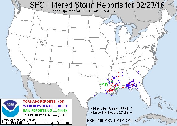 赤点が竜巻報告数。Storm Prediction Center
