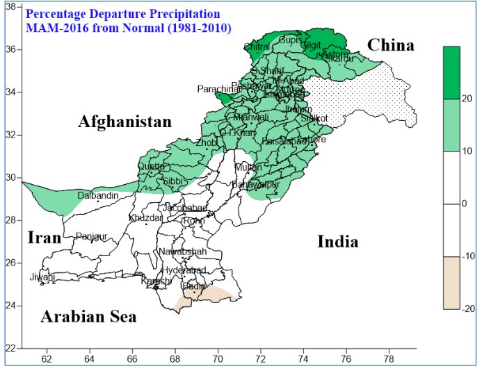 3〜5月に緑の部分は例年より降水量が増える見込み。パキスタン気象局より。