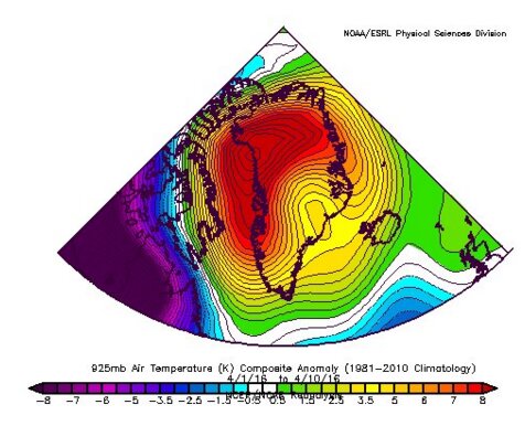今年４月上旬、緑～赤部分（グリーンランド含）は平年よりも気温が高かった。NOAA