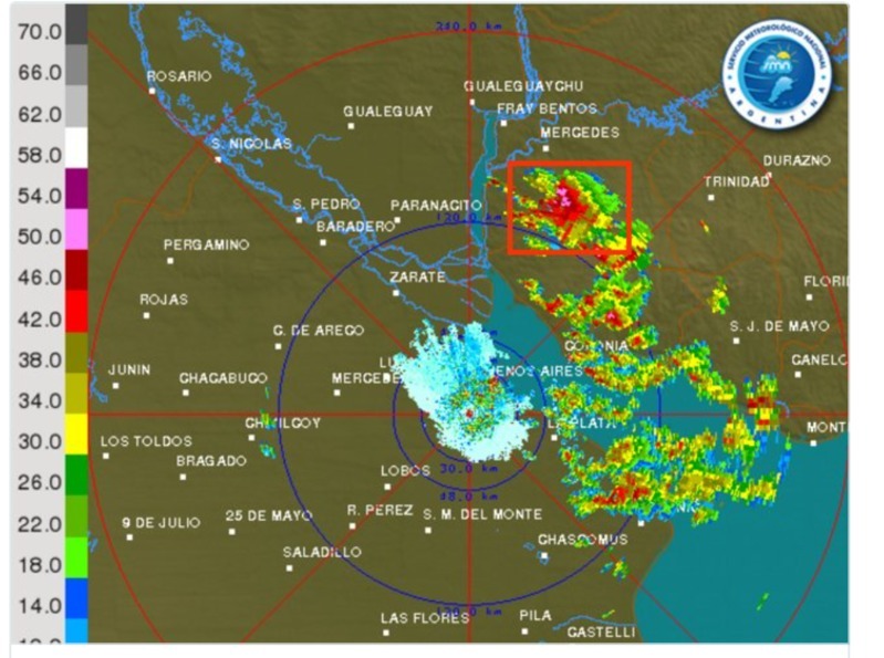 竜巻発生時のレーダー画像。赤い四角が竜巻発生場所。ウルグアイ気象局のツイッターより。
