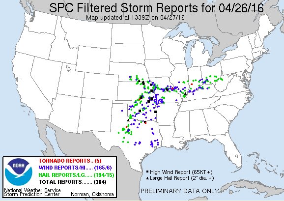 4月26日ストーム報告数。竜巻5、強風165、雹194件。アメリカ海洋大気庁
