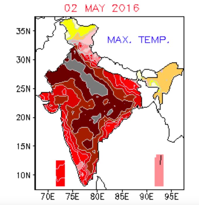 5月2日のインドの気温。赤〜黒ほど気温が例年より高い。インド気象局