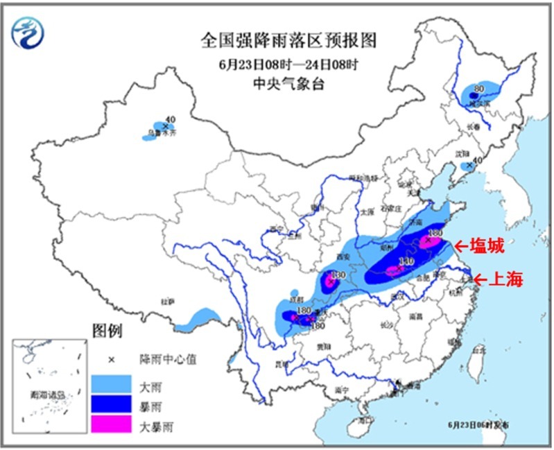 雨の警報が出ている地域。中国気象局