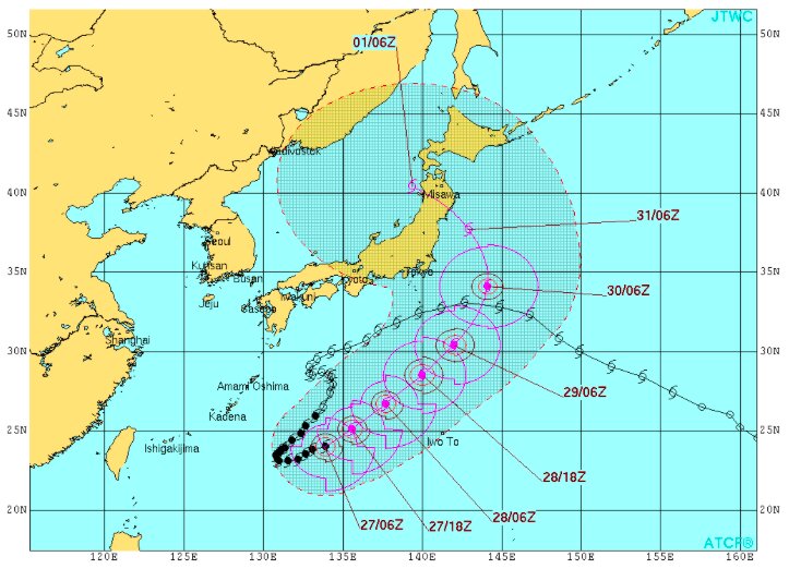 米軍合同台風警報センター発表の台風の予想進路。(27日18時時点)