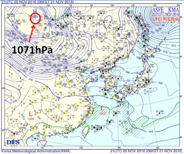 韓国気象庁発表、21日6時の天気図