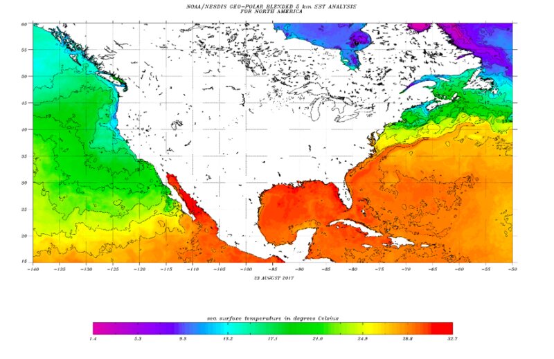 メキシコ湾の海水温は30℃以上。NOAA