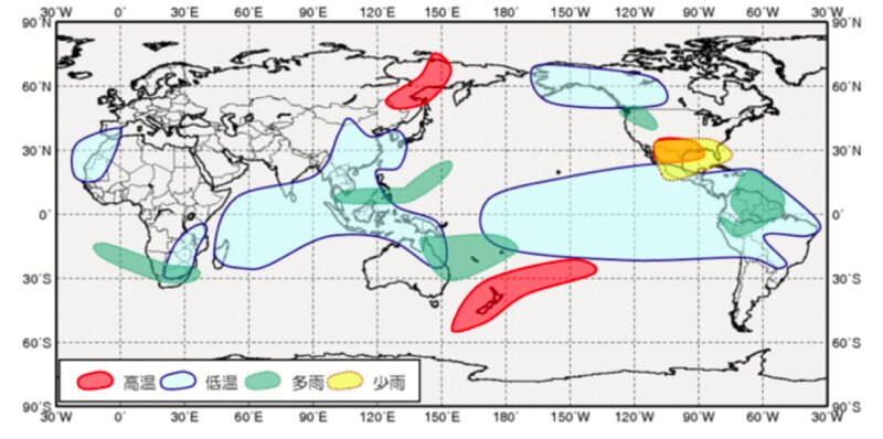 ラニーニャ発生時の12~2月(北半球)の天候の特徴（出典：気象庁）
