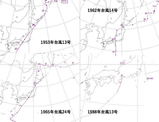 過去に三重県に上陸した台風の経路図 (出典元：気象庁)