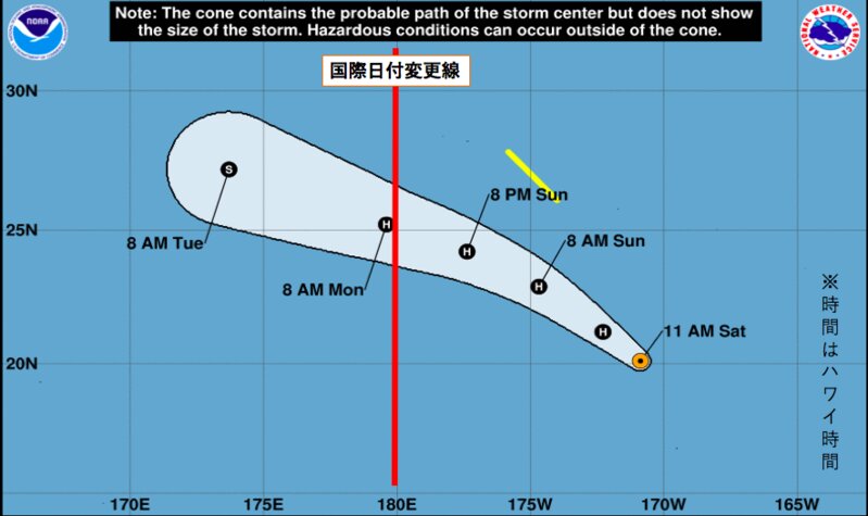 中部太平洋ハリケーンセンターの予想進路図に筆者加筆