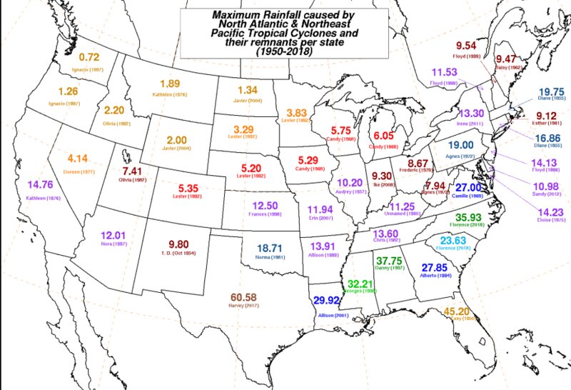 州別のハリケーンによる雨の記録。ノースカロライナ州とサウスカロライナ州では今回のハリケーンで記録が更新された。(提供：NOAA)