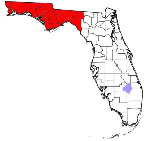 赤色の箇所はフロリダ・パンハンドルと呼ばれる。海岸線はハリケーンからの南寄りの風で高潮被害が起きやすい。