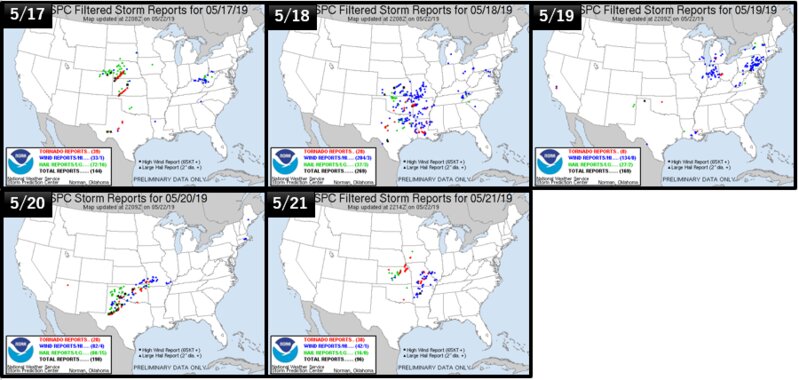 竜巻(赤)、降雹(緑)、強風(青)の報告数 。出典元: NOAA。