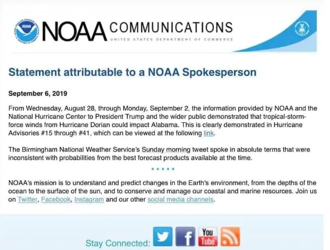 上の投稿を批判する、NOAAの公式声明文