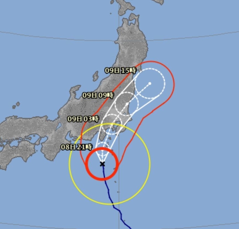 8日17時気象庁発表の15号の予想進路図