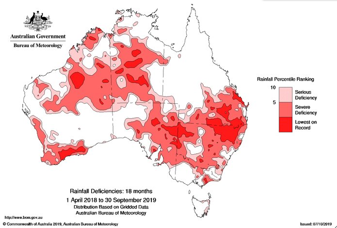 2018年4月から2019年9月の干ばつの状況 (出典元: オーストラリア気象庁)
