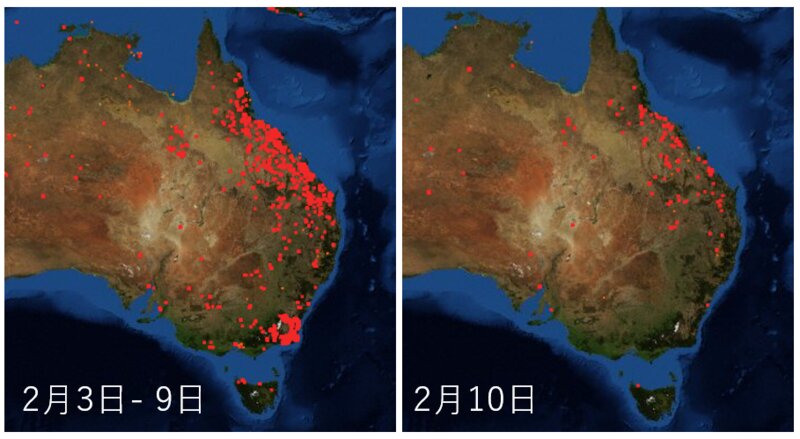 オーストラリア東部の森林火災 (出典: NASA Firms)