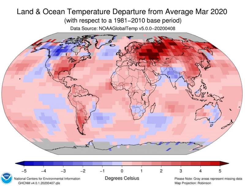 2020年3月の気温の平年差 (出典: NOAA)