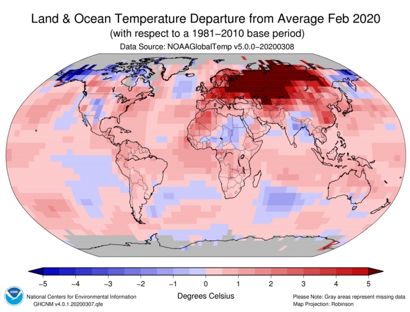 2020年2月の気温の平年差 (出典: NOAA)
