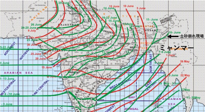 インド気象庁出典のモンスーン開始日の図に筆者加筆 (赤線が2020年、緑船が平年)