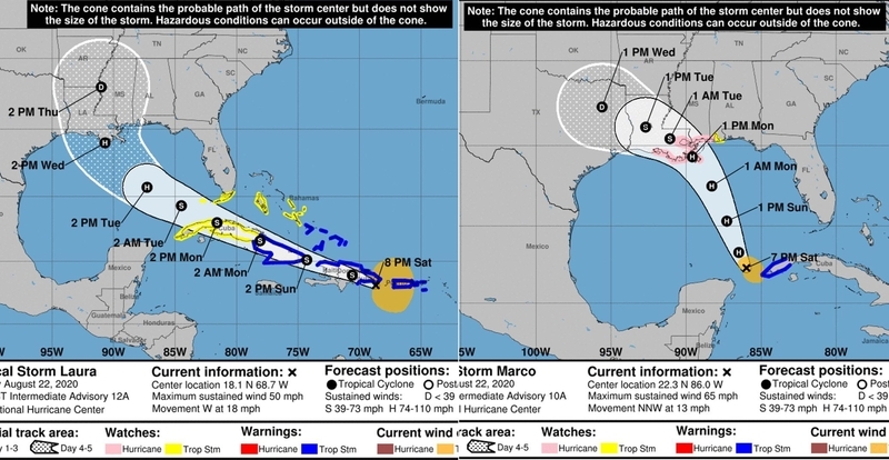 国立ハリケーンセンター発表の予想進路図 (左ローラ、右マルコ)