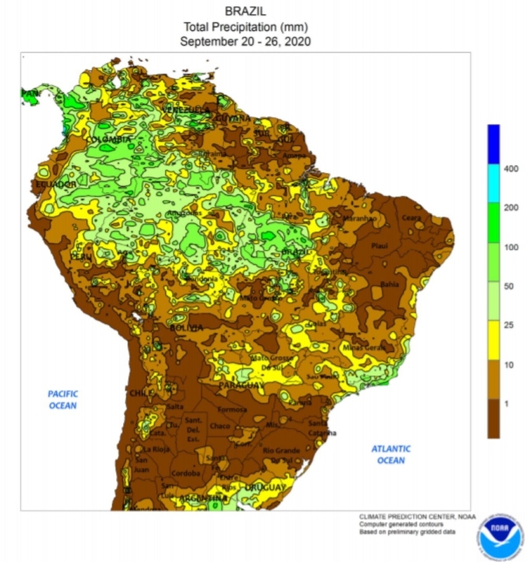 ブラジル周辺の降水量の平年比(出典: NOAA)