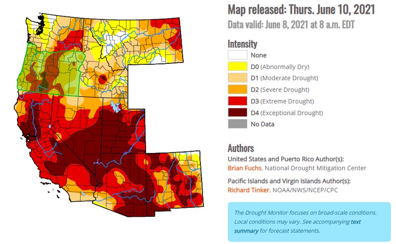 アメリカ西部の干ばつの状況 (出典: U.S. Drought Monitor)