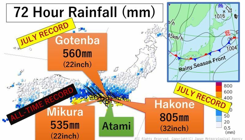 72 hour rainfall. The map and data were provided by JMA.