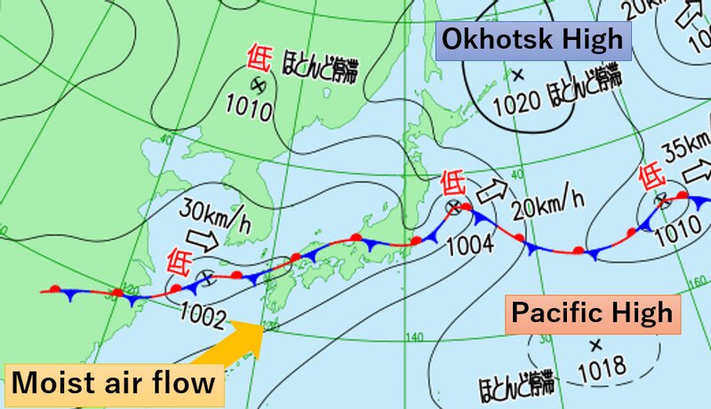 Saturday's surface analysis (Courtesy JMA, additions made)