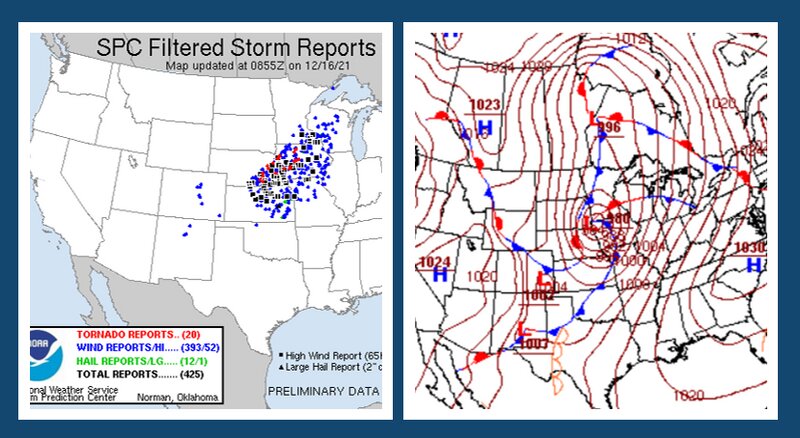左: 竜巻、強風、雹の報告数 (SPC)、右: 15日の天気図 (NWS)