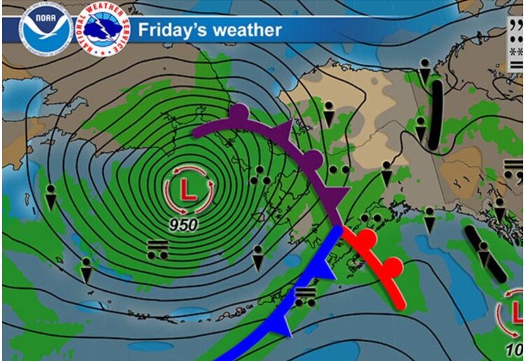 16日のアラスカ周辺の予想天気図 (NWS Alaska出典)