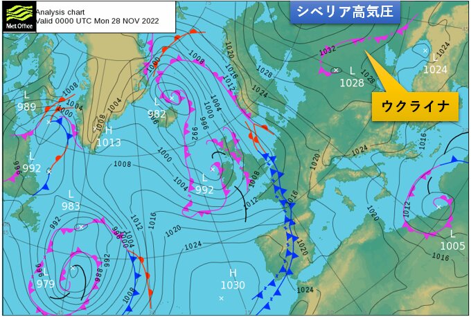 イギリス気象庁出典の11月28日の予想天気図に筆者加筆。右上にシベリア高気圧の一部が見えている